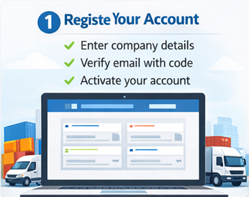 Registrační formulář dopravce ExusTrans s údaji o společnosti, DIČ a ověřením e-mailem